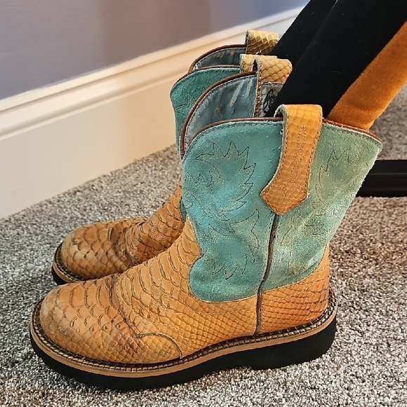 Ariat Turquoise and Tan Snakeskin Print Cowboy Boots - Picture 3 of 6